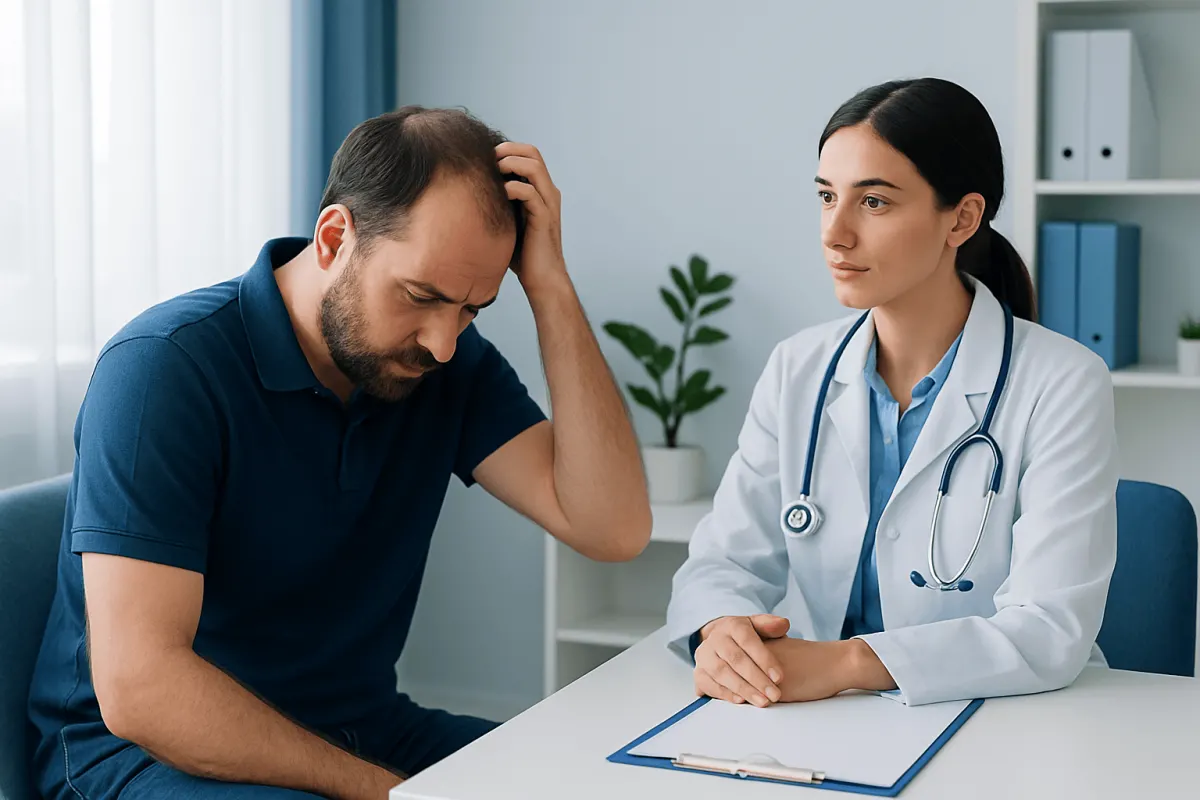 Patient distressed during consultation about hair loss and scalp issues.