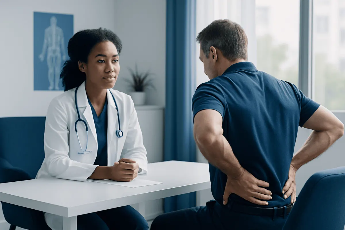 Doctor consulting with patient about back pain in a medical office.