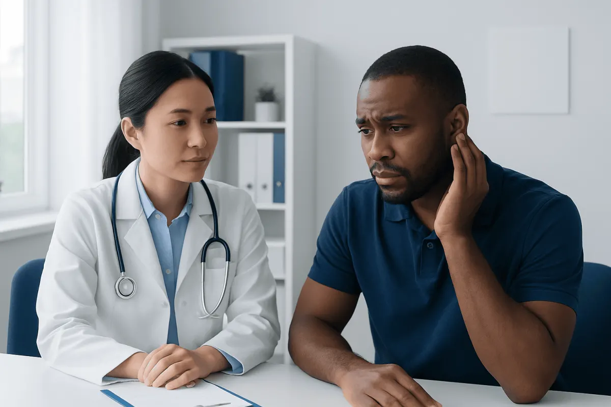 Doctor consulting with patient about ear health and wax issues.