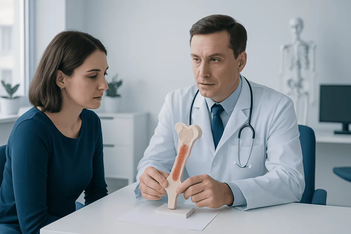 Doctor explaining bone marrow swelling to patient with bone model.
