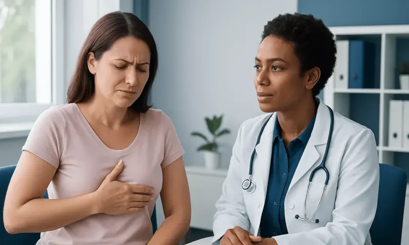 Woman experiencing chest pain during medical consultation with doctor.