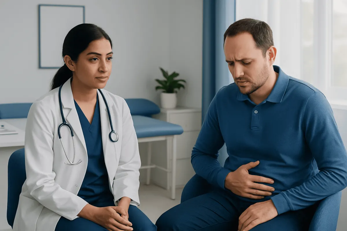 Doctor consulting with patient about digestive issues in clinic.