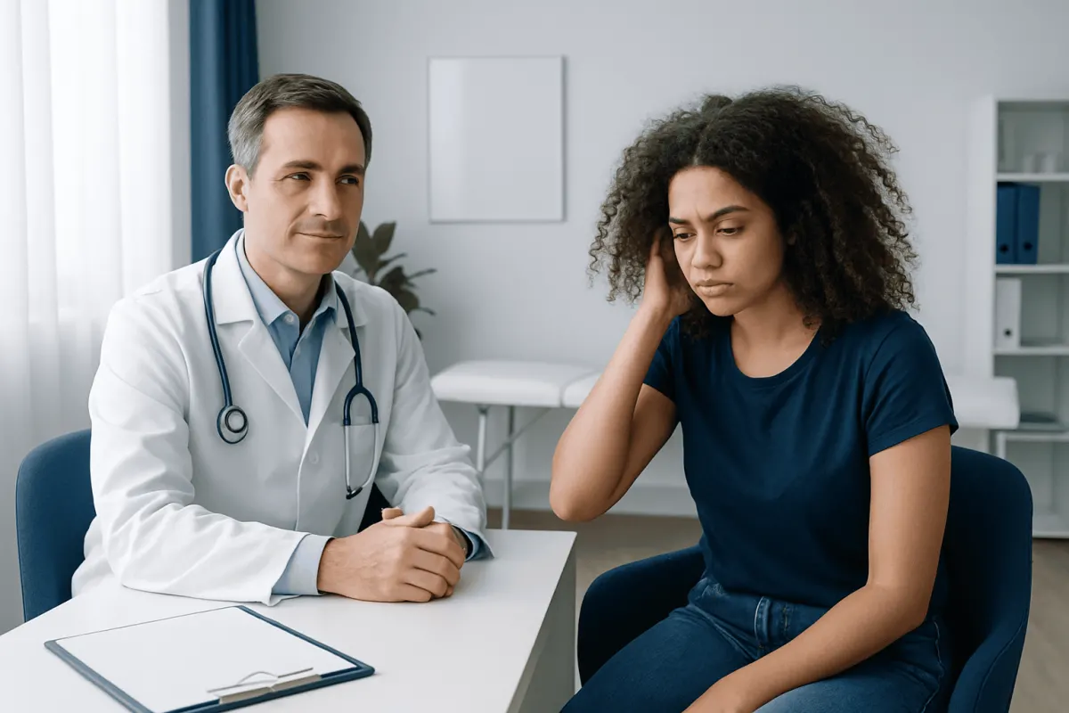 Doctor consulting with a young woman about hair issues in a clinic setting.