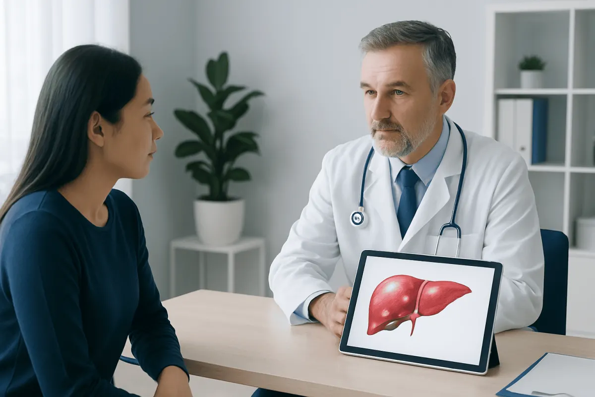 Doctor explaining liver health to patient with liver diagram on tablet.