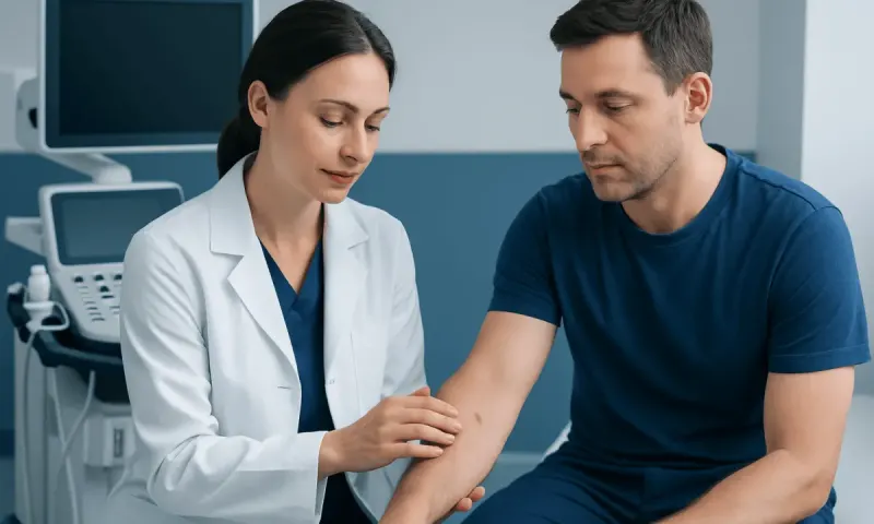 Doctor examining patient's skin for lumps and itchy skin symptoms.