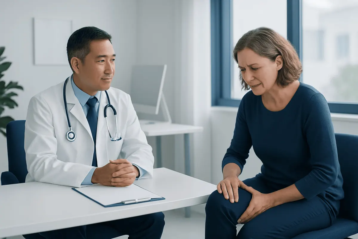 Doctor consulting with a woman about joint discomfort in a medical office.