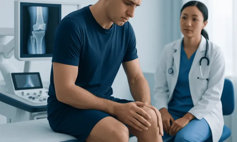 Patient with knee pain consulting a doctor in a medical clinic.