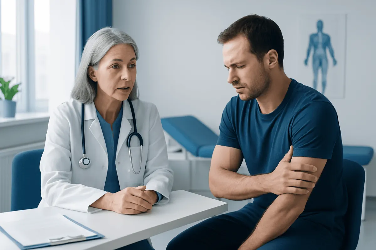 Doctor consulting with a patient about muscle pain in a clinic setting.