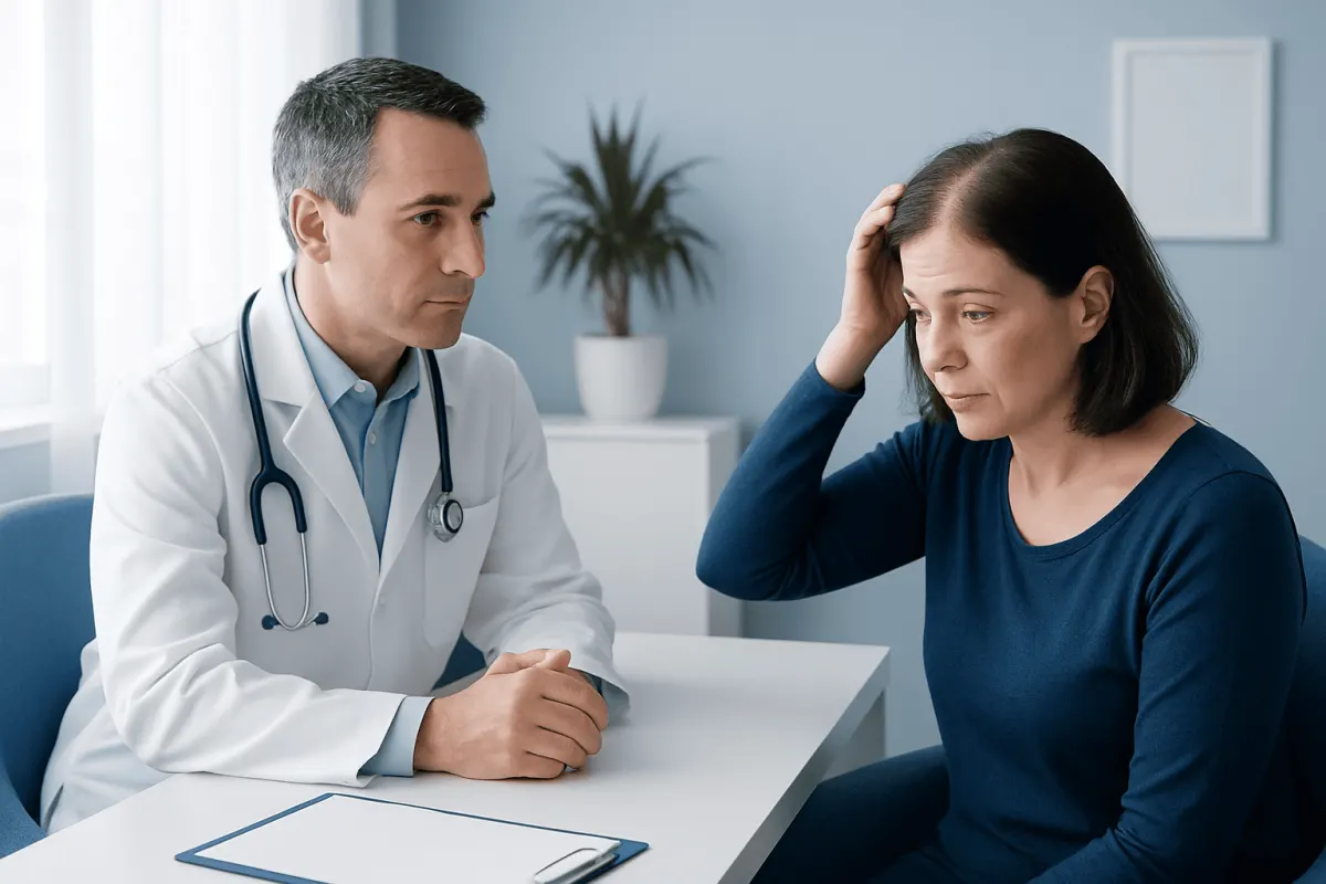 Doctor consulting with a woman about hair loss concerns.