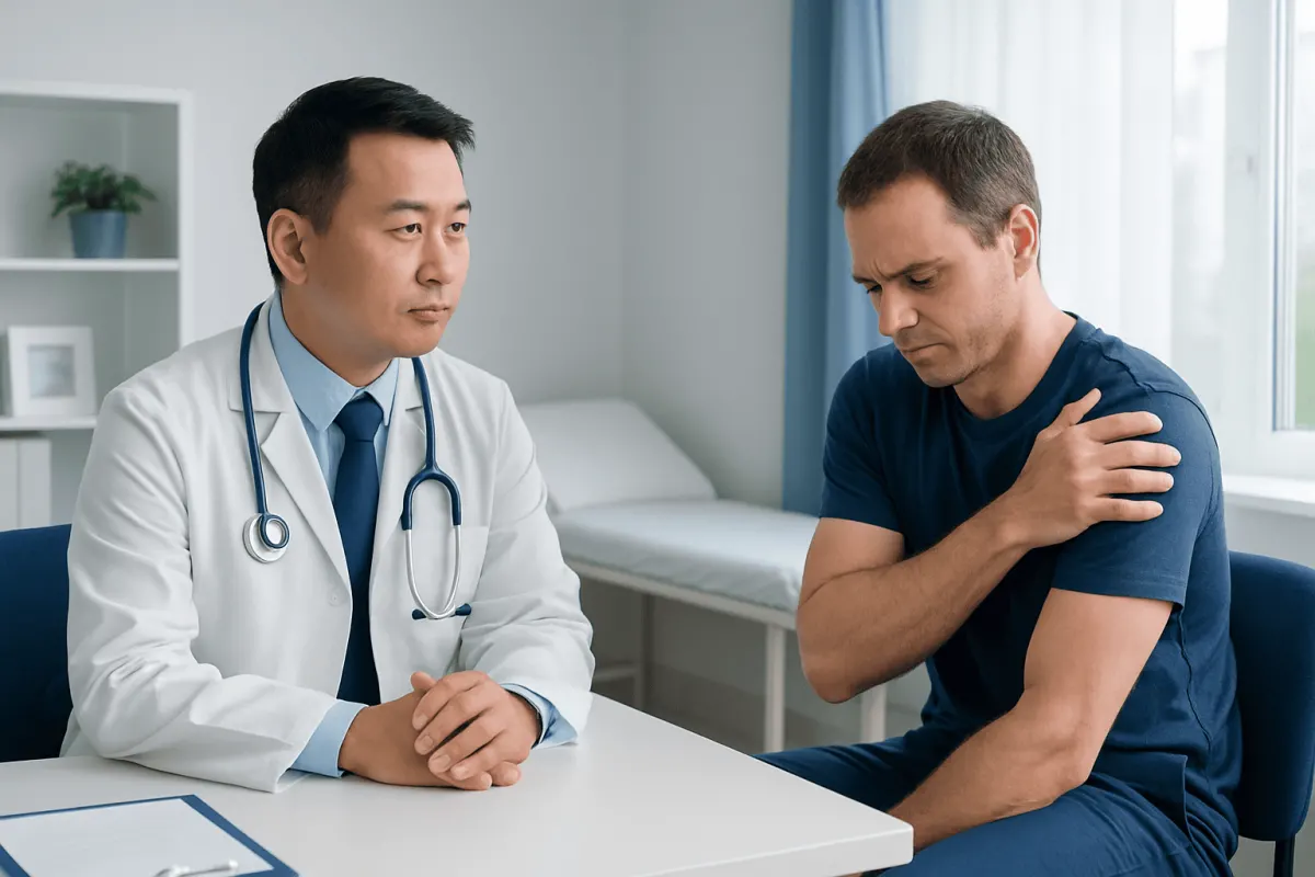 Doctor consulting with patient about shoulder pain in a clinical setting.
