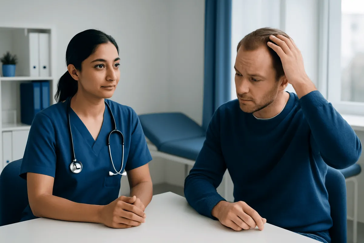 Patient consulting with a healthcare professional about scalp issues.