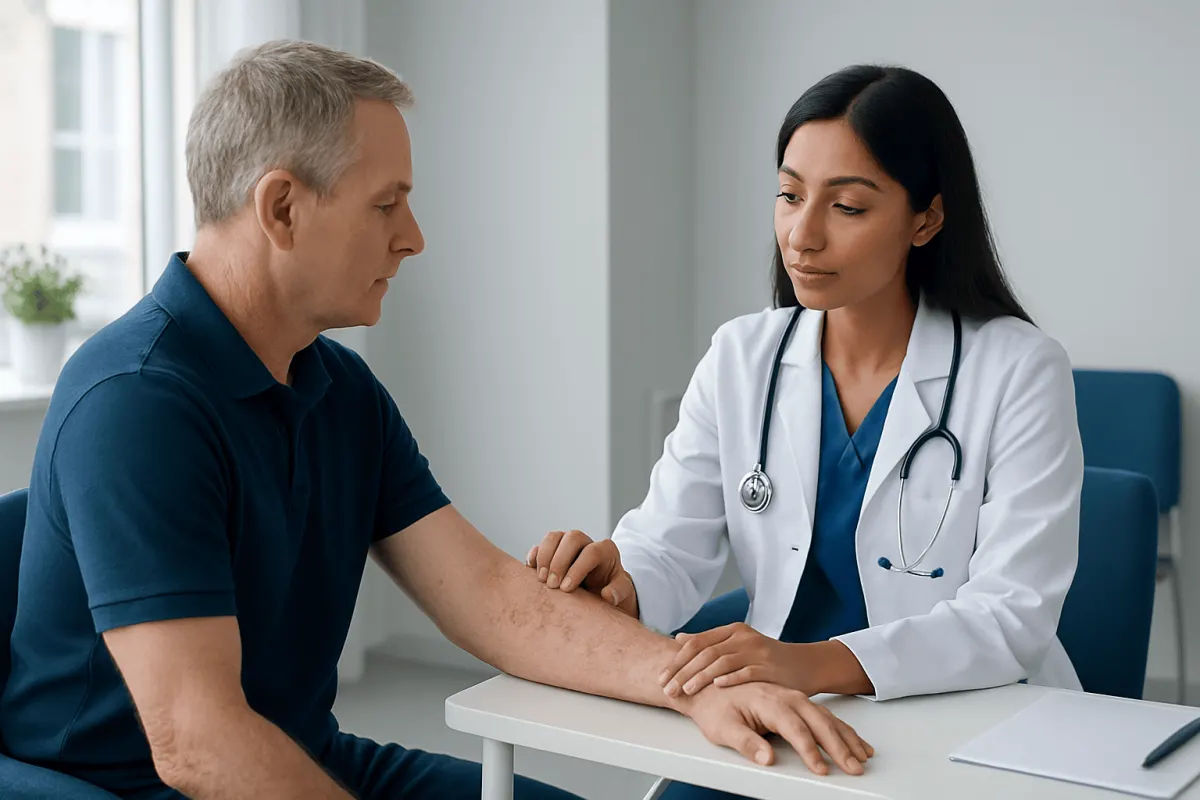 Doctor examining patient's arm with rash in a clinical setting.