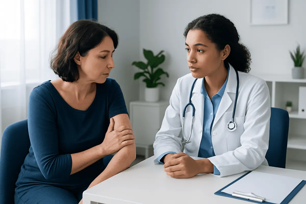 Doctor consulting with a patient about skin rashes and fibromyalgia symptoms.