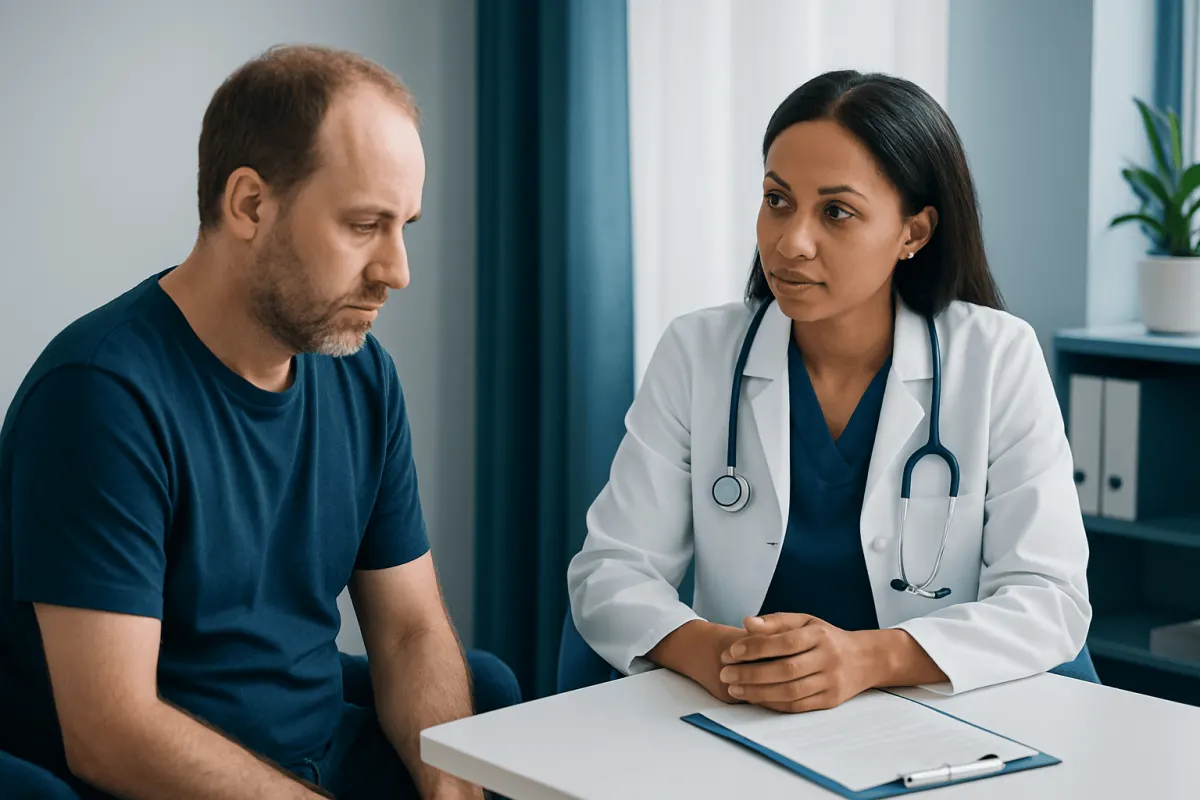 Doctor consulting with male patient about health concerns in clinic.