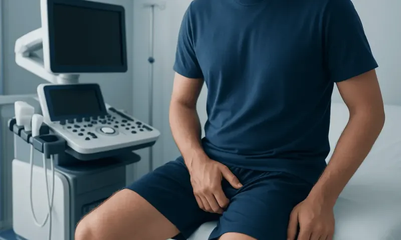 Male patient sitting on examination table in a medical clinic.