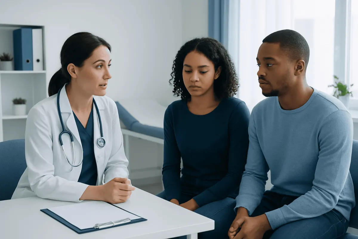 Doctor consulting with a couple about health concerns in a medical office.
