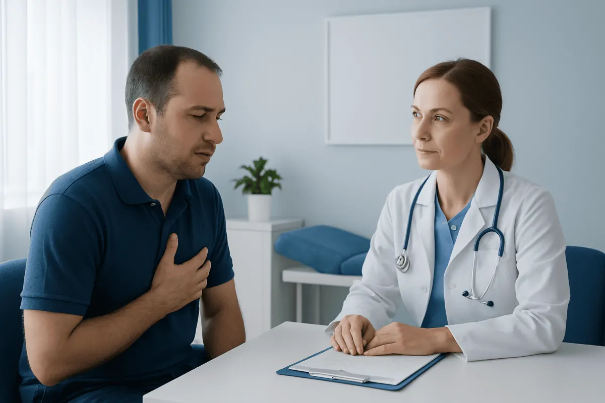 Patient consulting with a doctor about health concerns in a medical office.