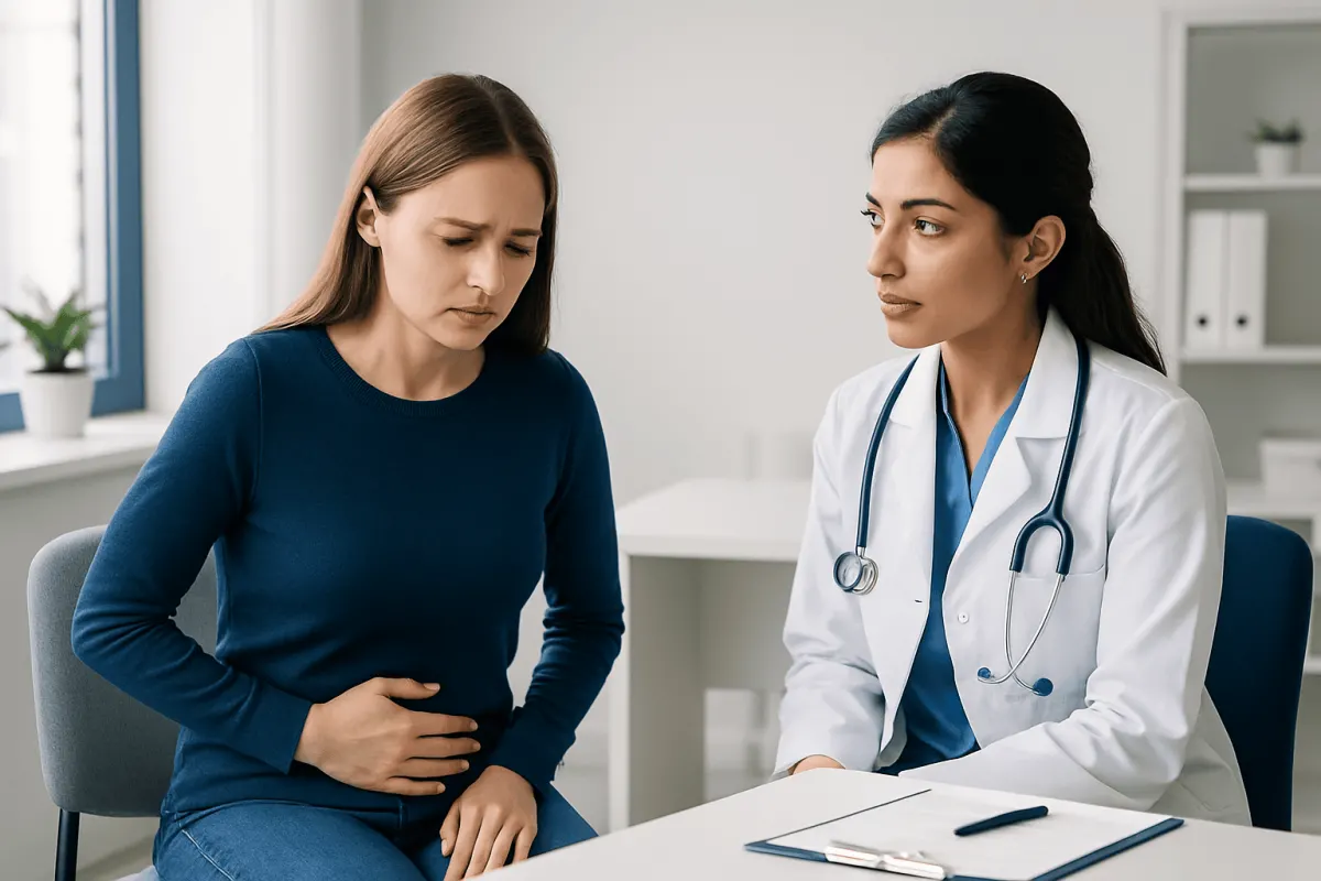 Doctor consulting with a woman experiencing abdominal pain in a medical office.