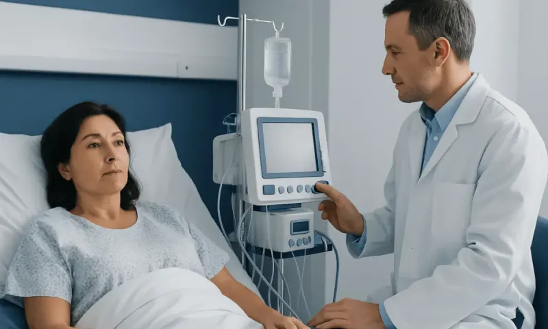 Doctor consulting a patient in a hospital room with medical equipment.