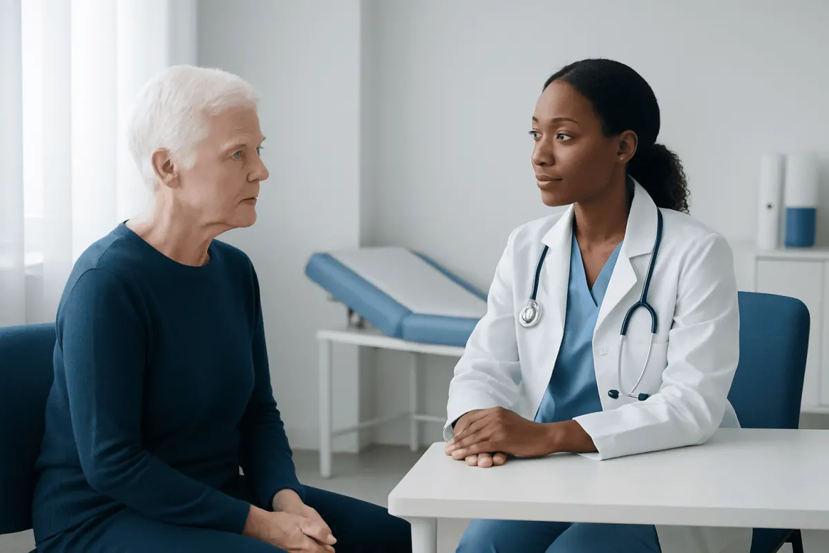 Doctor consulting with elderly woman in a medical office.