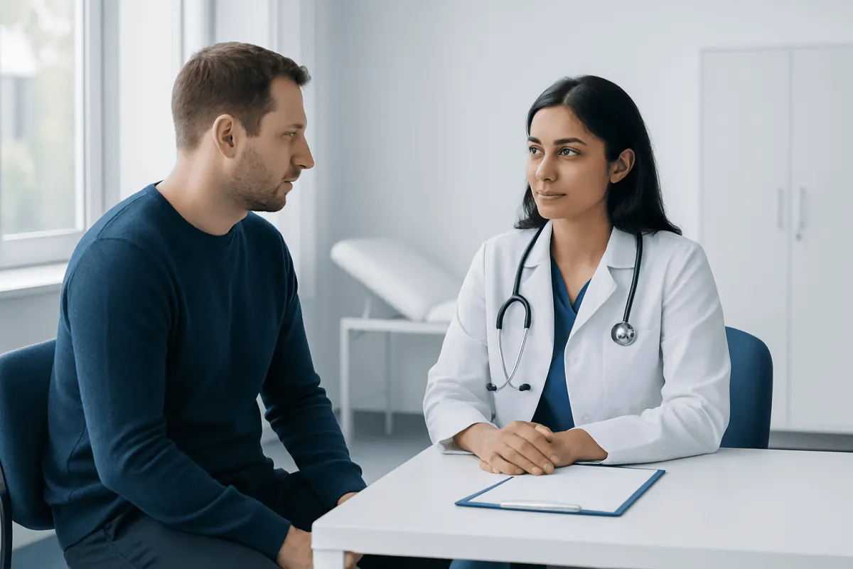 Doctor consulting with a male patient in a medical office setting.