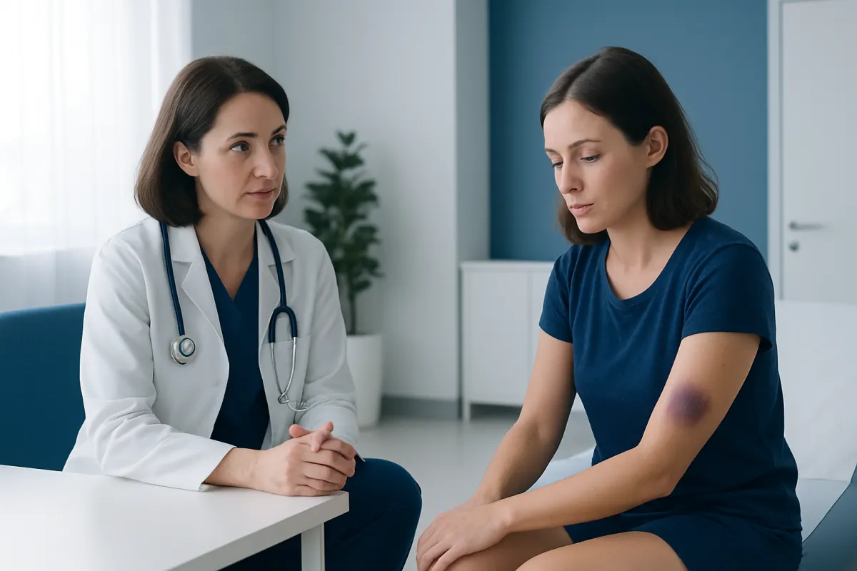 Doctor examining a woman with a bruise on her arm in a medical office.