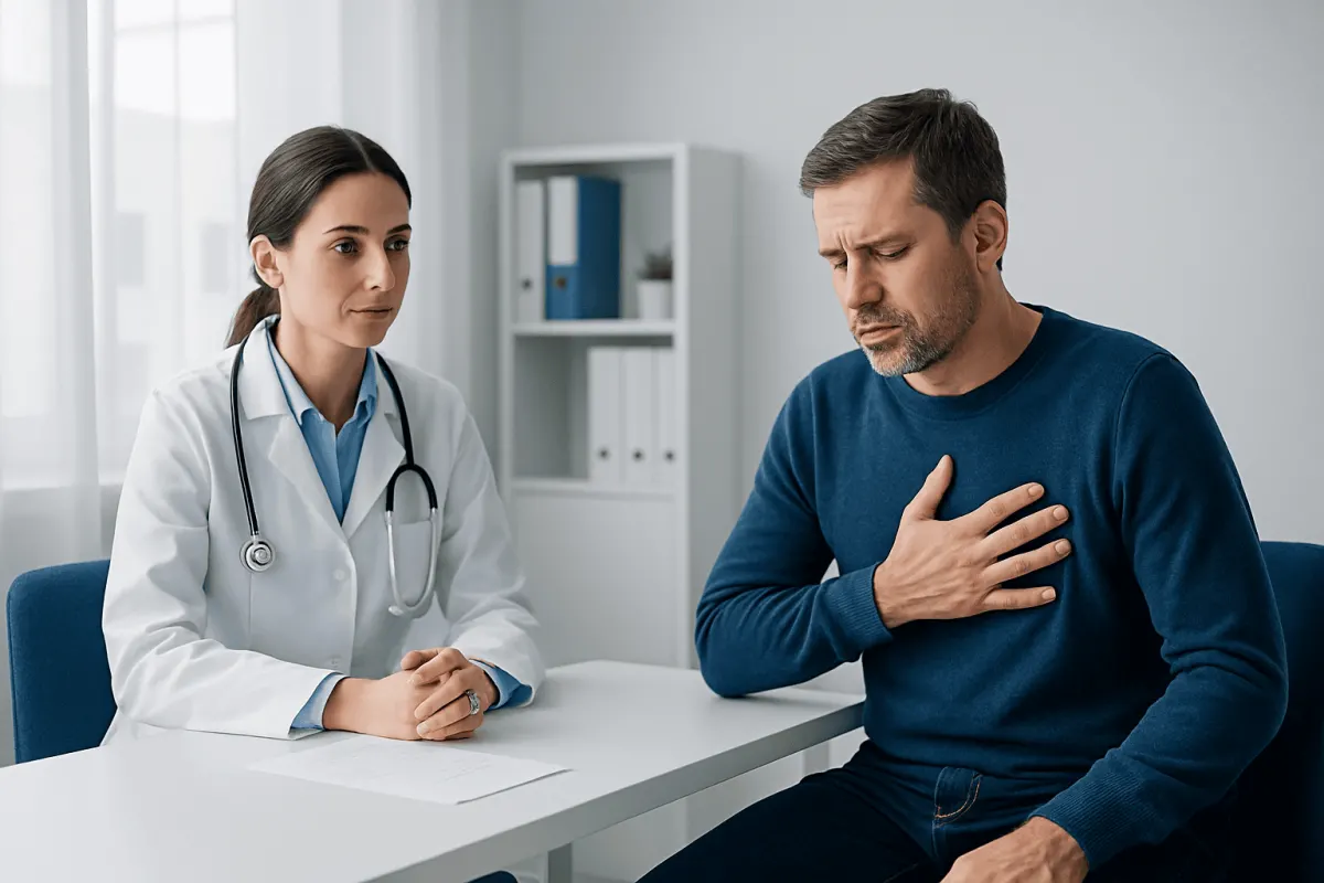Doctor consulting with a patient experiencing chest pain in a medical office.