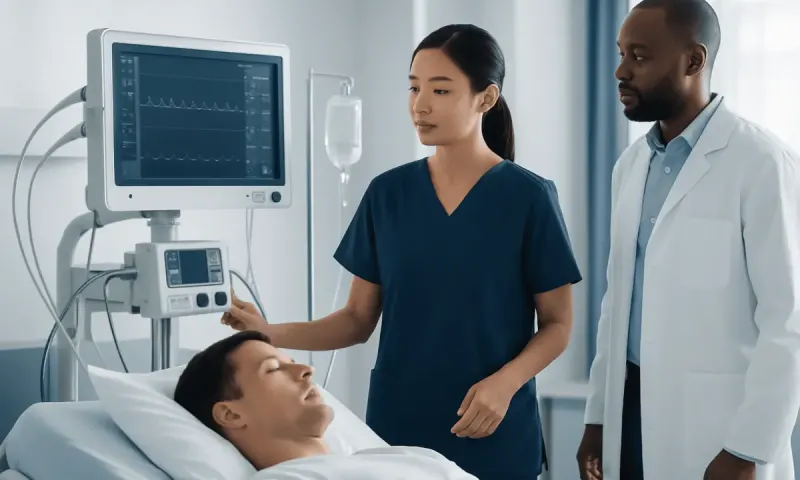 Medical team monitoring patient with vital signs in hospital ICU.