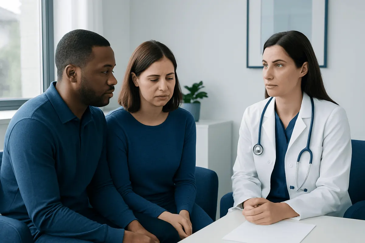 Doctor consulting with a couple about sexual health in a medical office.