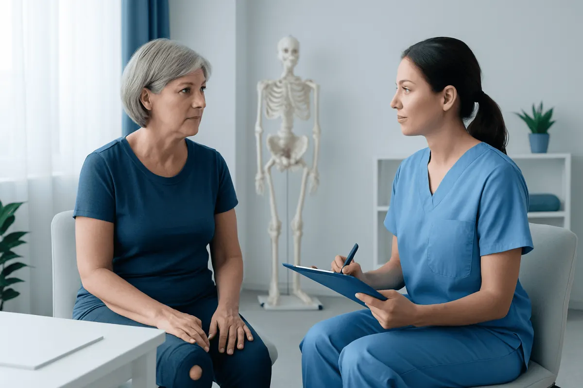 Doctor consulting with an elderly woman in a medical office.