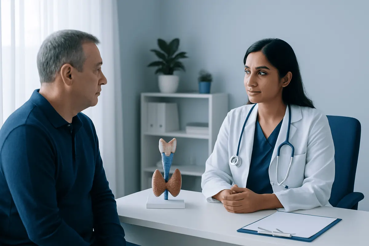 Doctor consulting with patient in a medical office with thyroid model.
