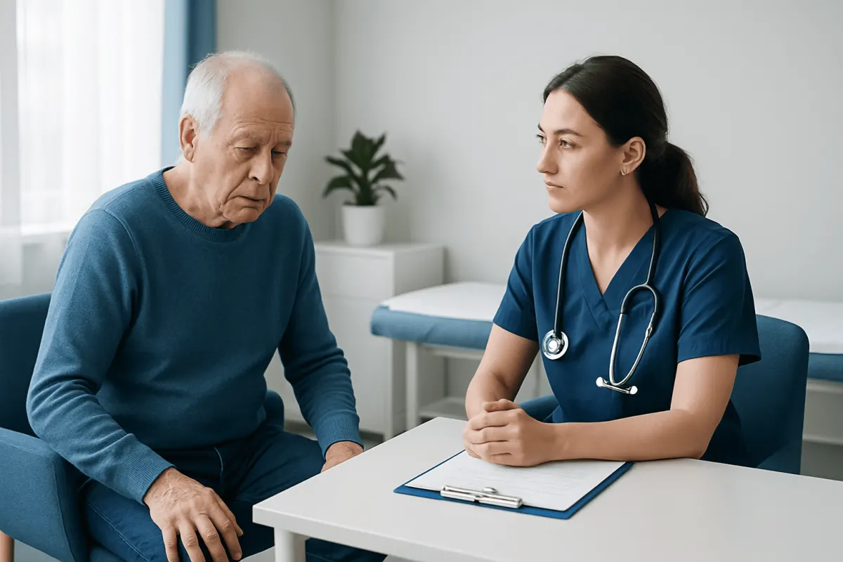 Elderly man consulting with a nurse in a medical office.