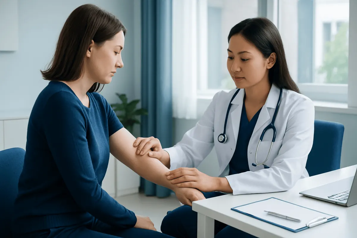 Doctor examining patient's arm in a medical consultation at Acibadem Hospital.