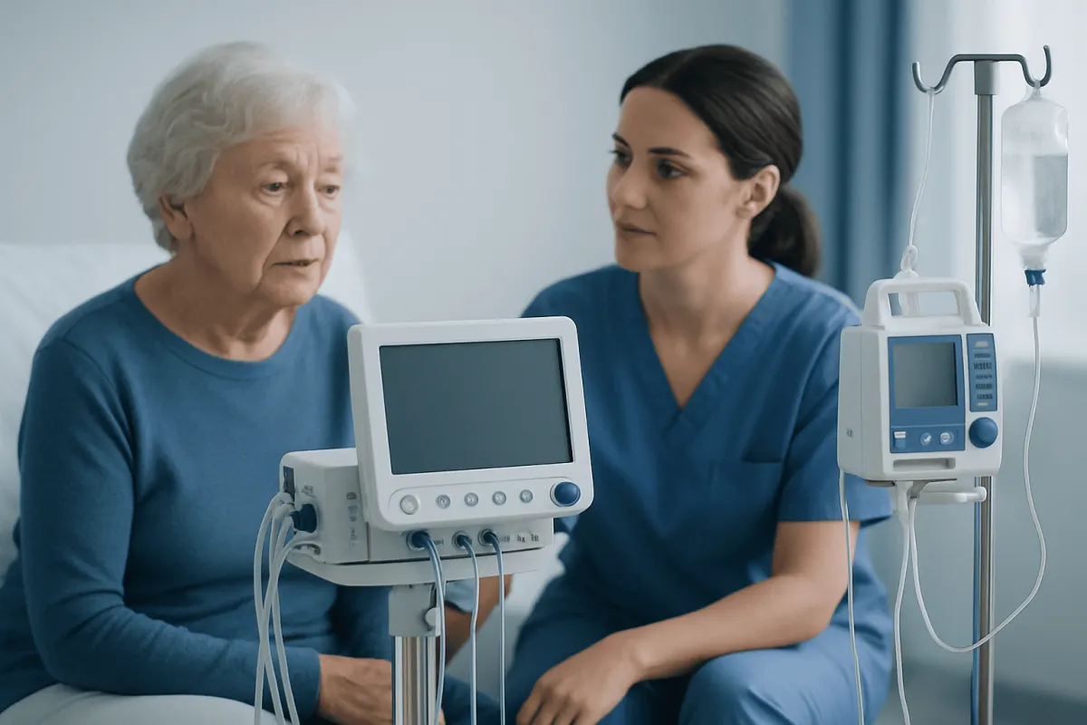 Elderly woman with caregiver in hospital room with medical monitors and IV drip.