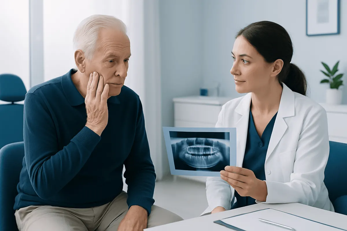 Elderly man consulting with dentist about dental X-ray.