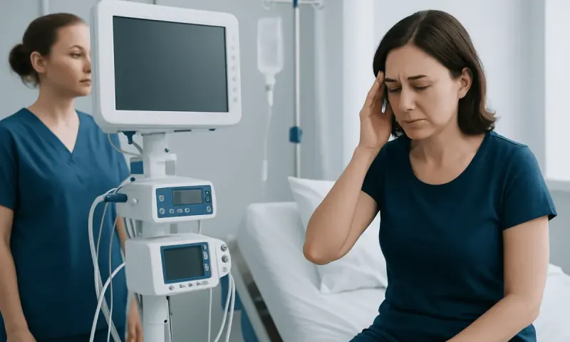 Patient experiencing headache in hospital room with medical equipment nearby.
