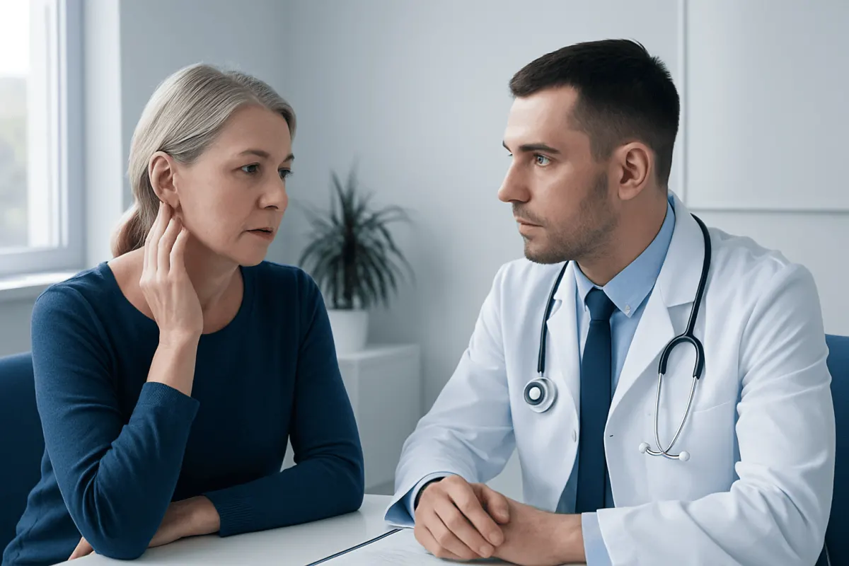 Doctor consulting with a female patient in a medical office.
