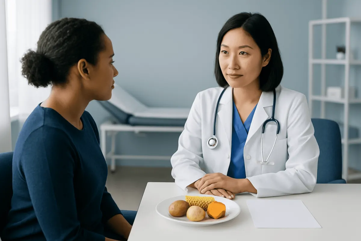 Doctor discussing starchy vegetables with patient in a medical consultation.