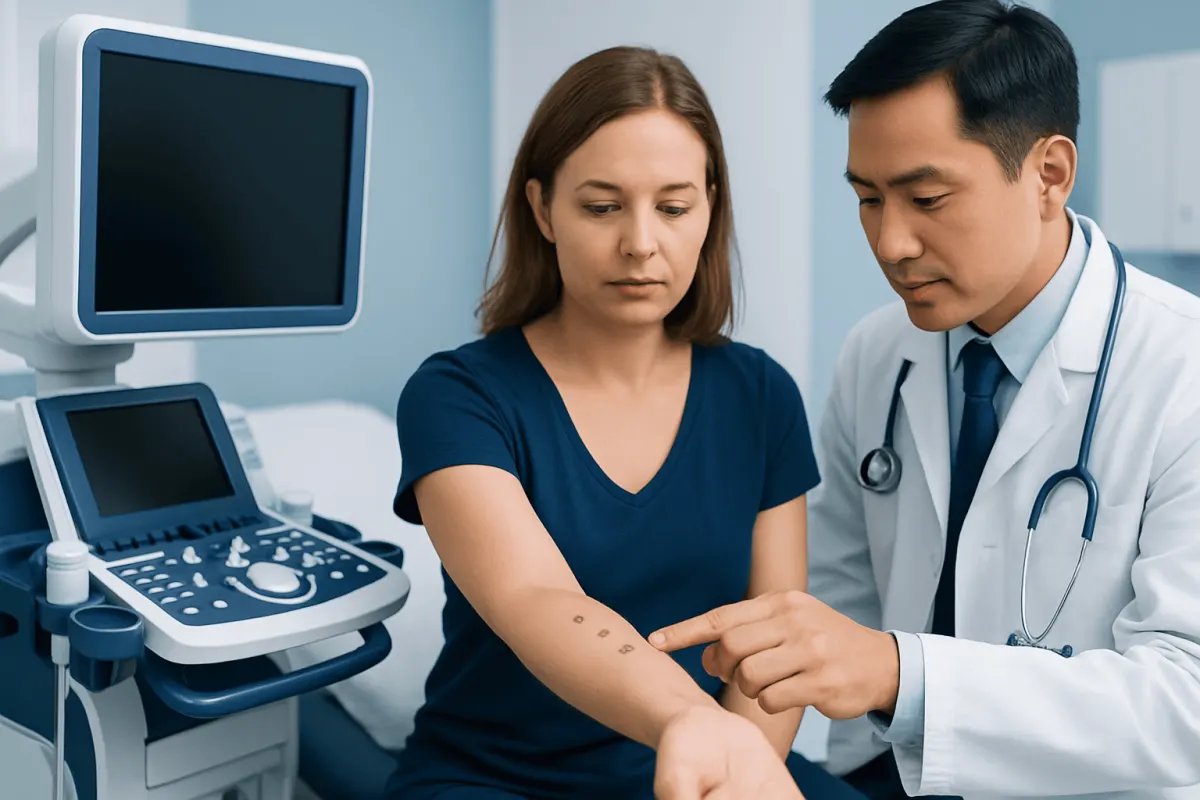 Doctor examining patient's arm in a medical clinic setting.