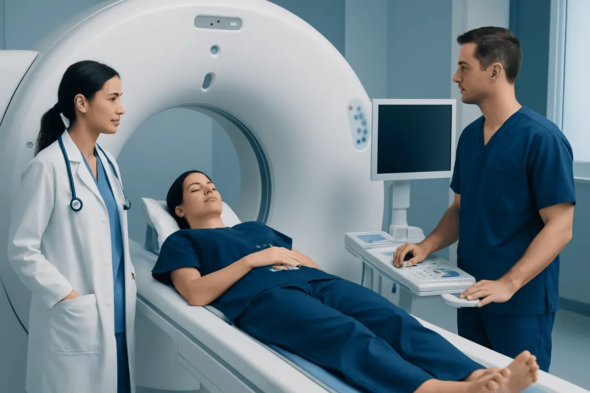 Medical professionals preparing a patient for a CT scan in a hospital.