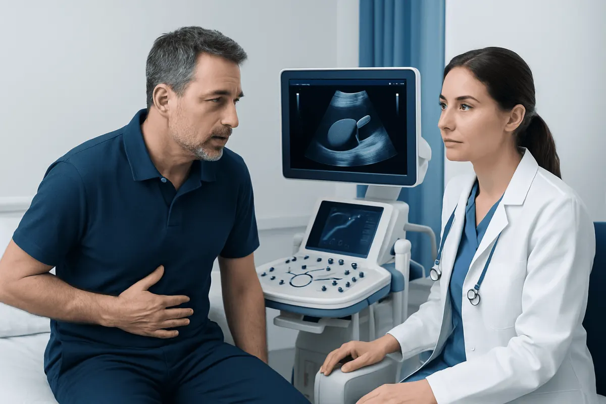 Doctor explaining gallbladder ultrasound to patient in clinic.