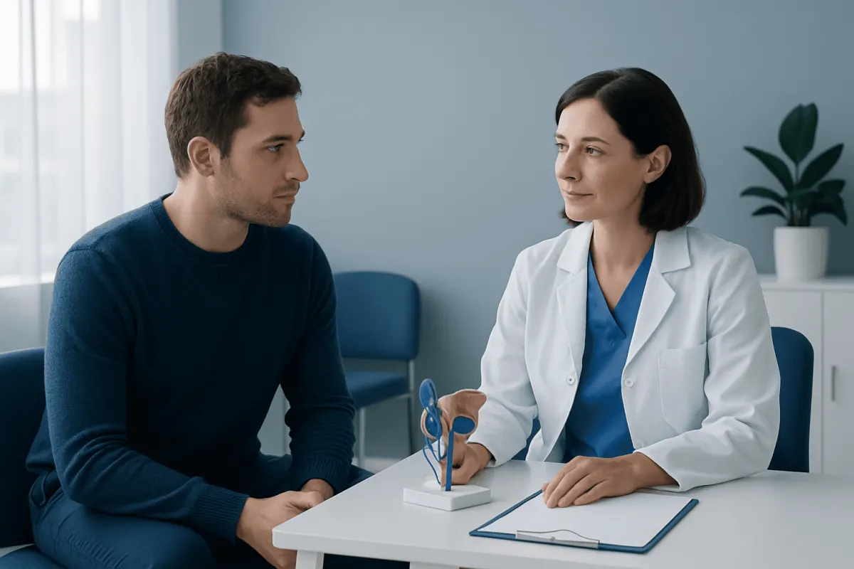 Doctor discussing sperm health with a patient in a medical consultation.
