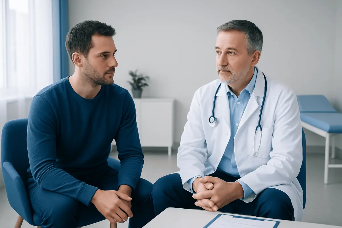 Doctor consulting with a male patient in a medical office setting.