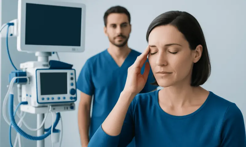 Woman experiencing headache in a medical setting with healthcare professionals nearby.