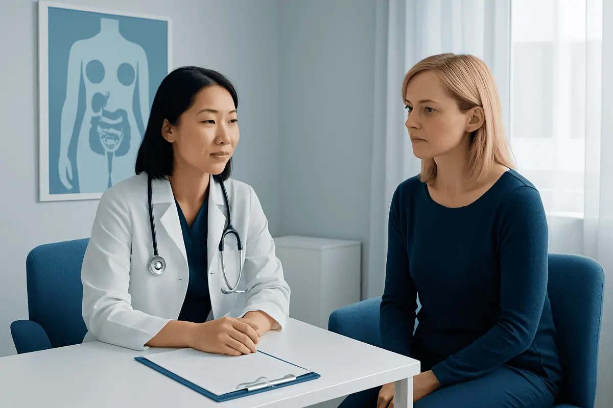 Doctor consulting female patient in a hospital room at Acibadem Hospitals Group.