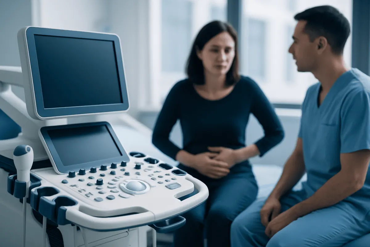 Doctor and patient discussing medical results with ultrasound machine in clinic.