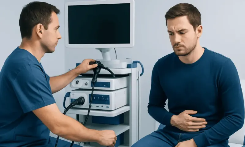 Doctor performs abdominal exam on patient in clinic setting.
