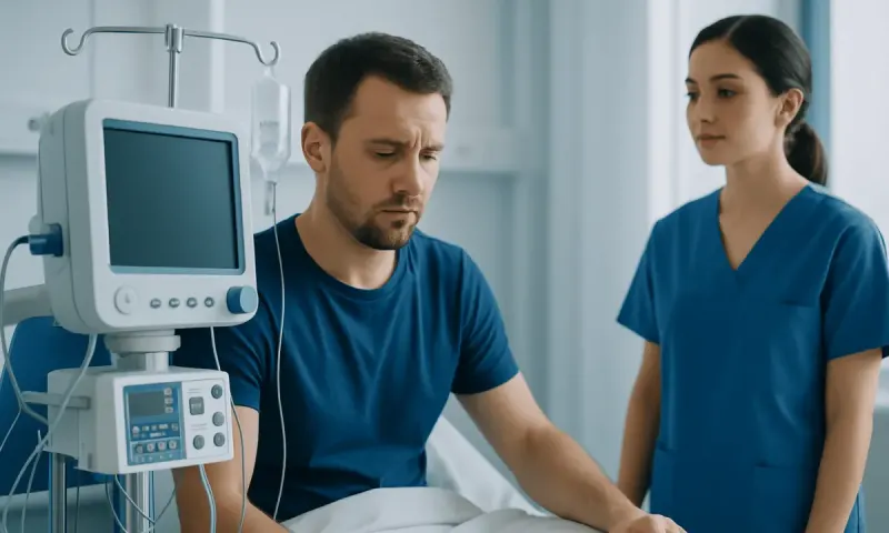 Patient in hospital bed with medical monitor and nurse nearby.