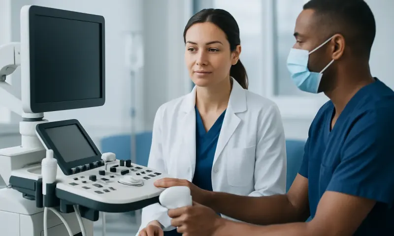 Medical professionals using ultrasound equipment in a hospital setting.