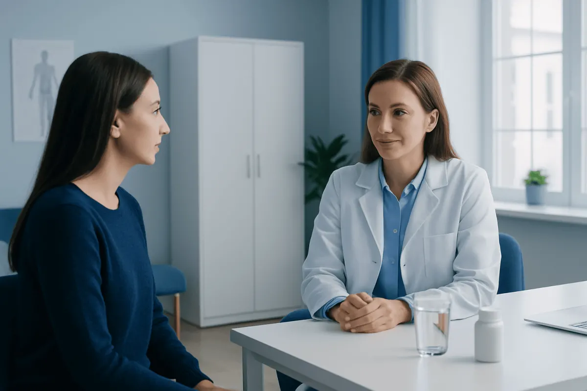 Doctor consulting with patient in a medical office setting.